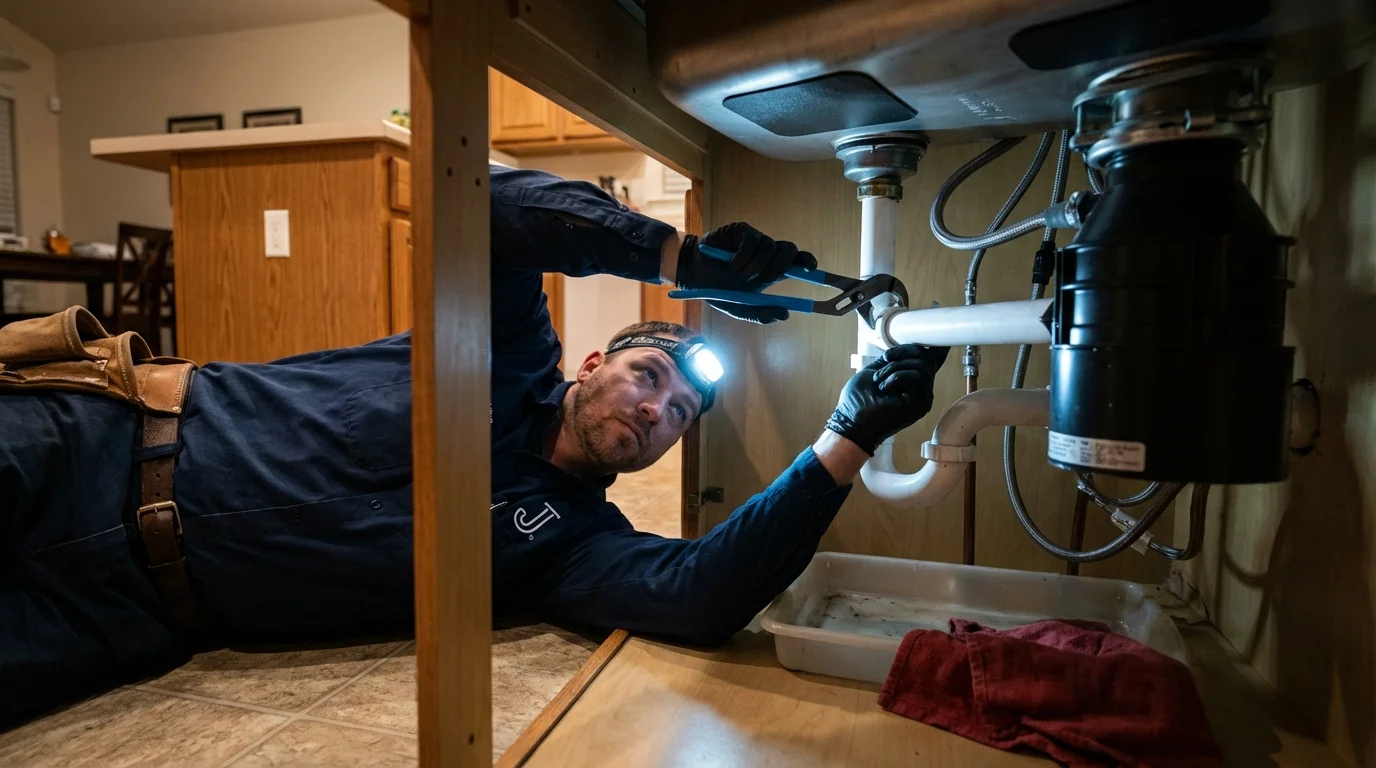 P-trap and supply line connections under a kitchen sink showing a common leak point in Wendell, ID